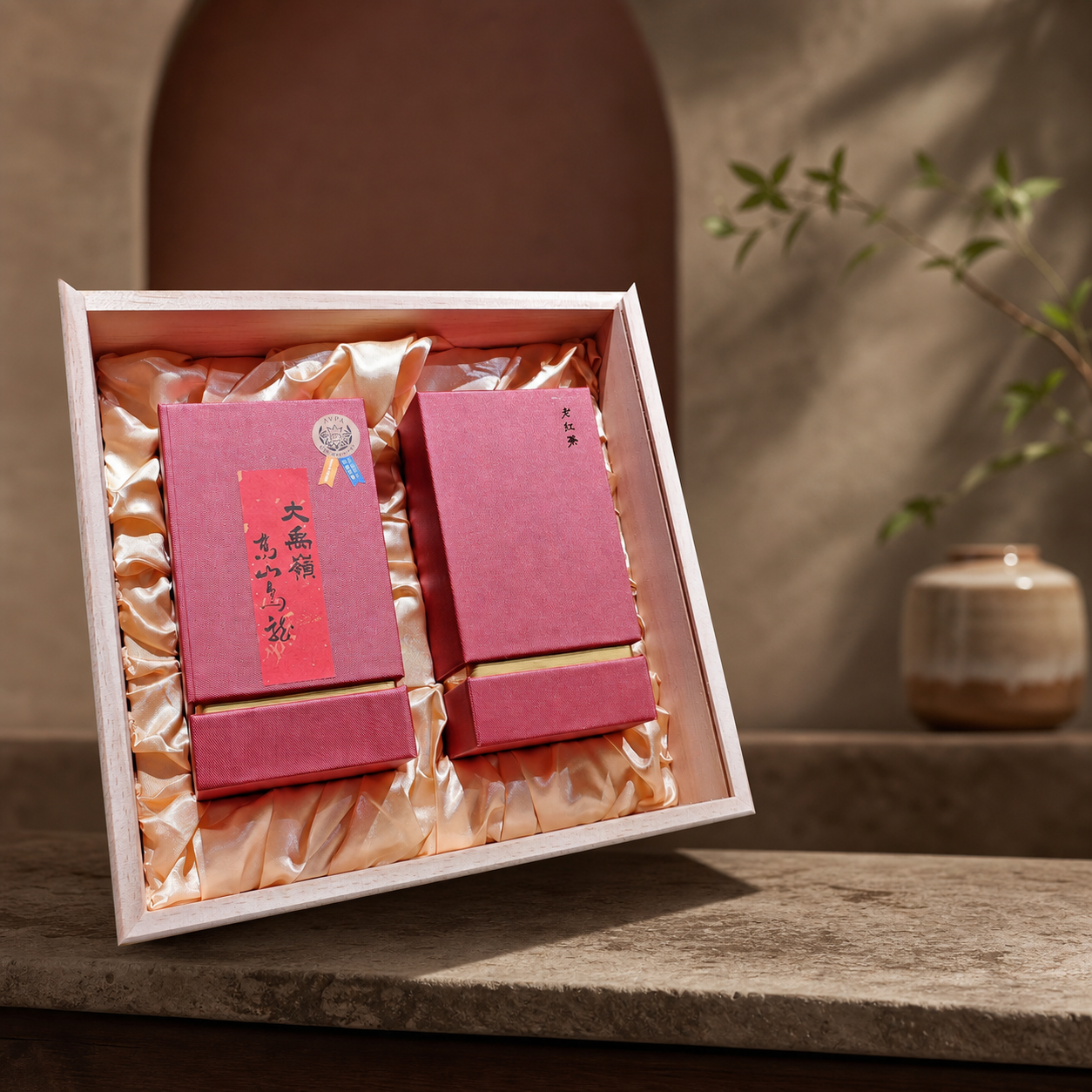 禾茶路六韻留芳茶葉禮盒開盒展示,粉紅茶盒與木盒內襯情境照
