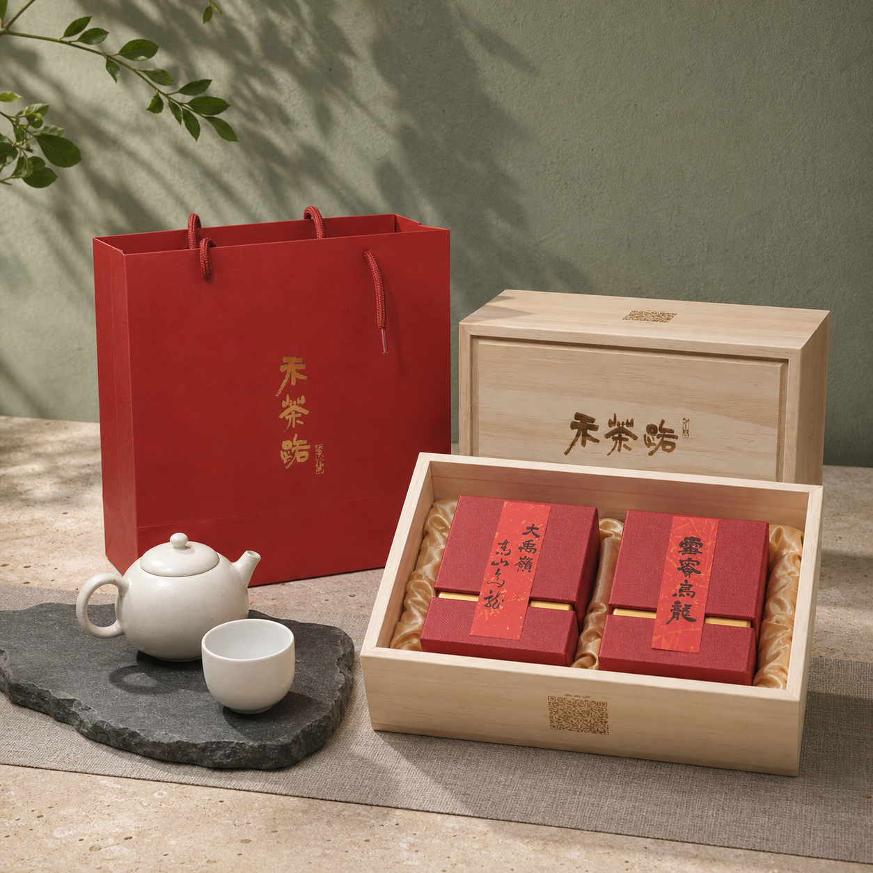 禾茶路四海清心茶葉禮盒，紅色提袋、原木禮盒與雙款高山茶開盒展示