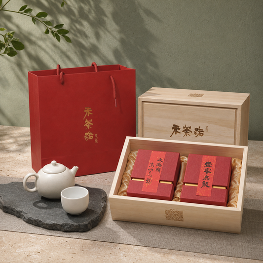 禾茶路四海清心茶葉禮盒，紅色提袋、原木禮盒與雙款高山茶開盒展示
