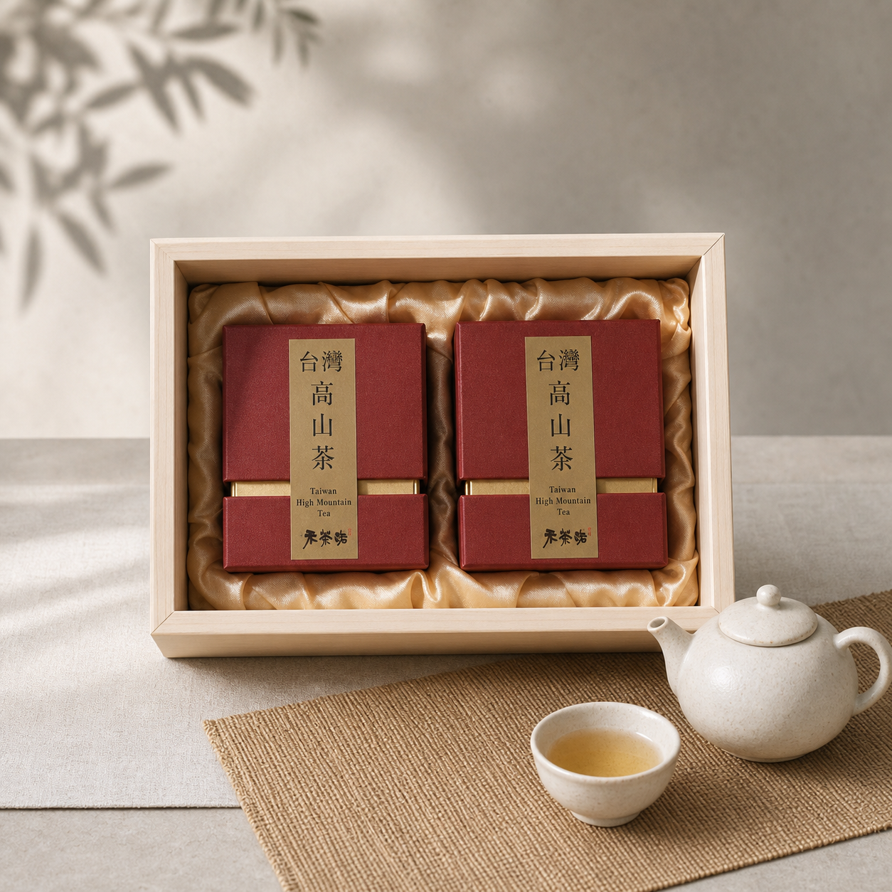 禾茶路四海清心茶葉禮盒內容物，原木禮盒內含雙款高山茶與茶席品飲情境