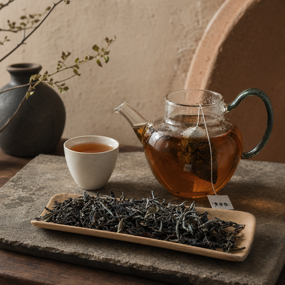 禾茶路大雪山森林白茶，乾燥白茶茶葉、玻璃茶壺與金黃茶湯品飲情境