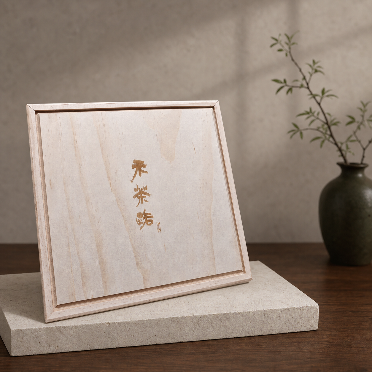 禾茶路六韻留芳茶葉禮盒木盒外觀，天然木質禮盒與品牌刻字情境照