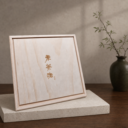 禾茶路六韻留芳茶葉禮盒木盒外觀，天然木質禮盒與品牌刻字情境照