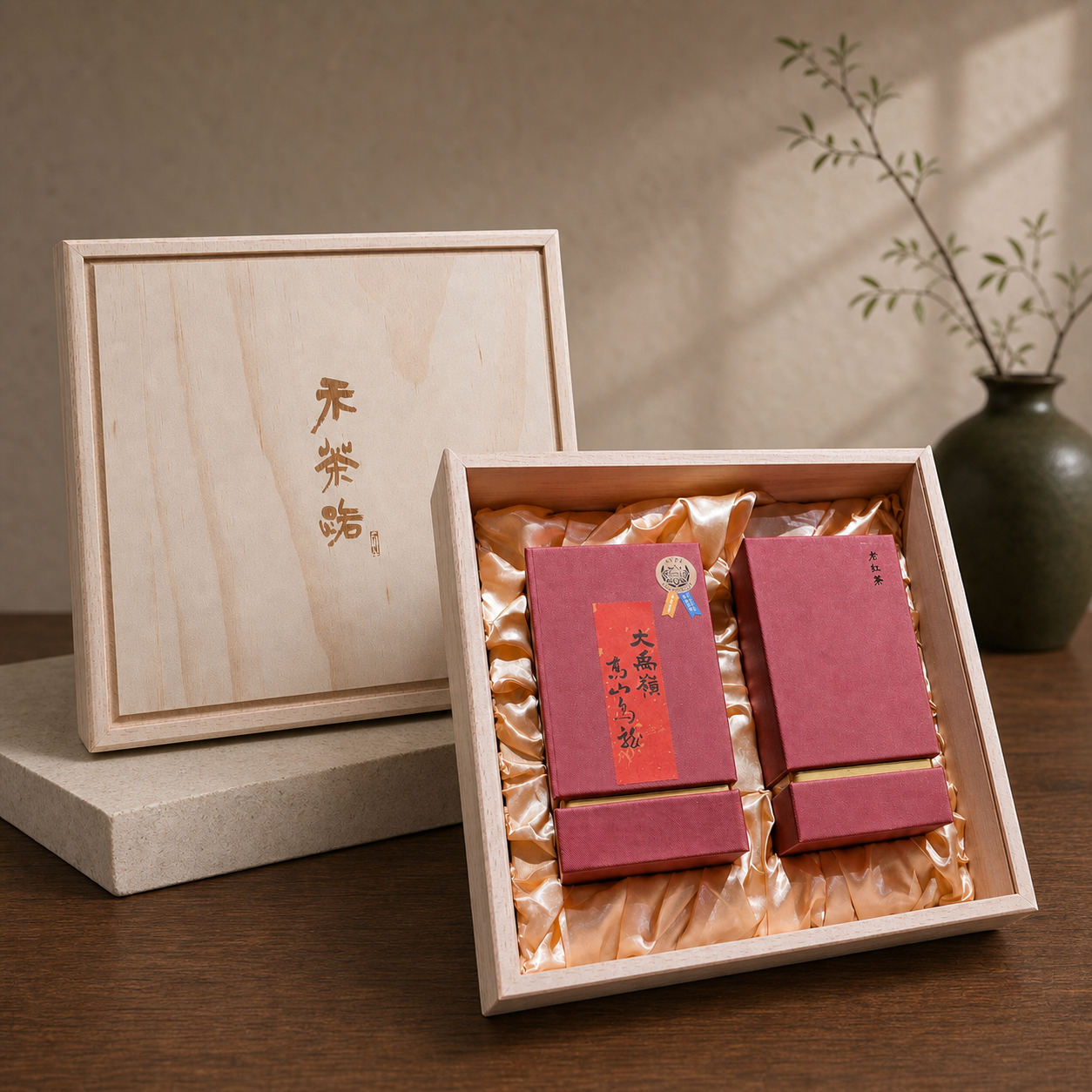 禾茶路六韻留芳茶葉禮盒，天然木盒外觀與開盒茶葉包裝組合展示